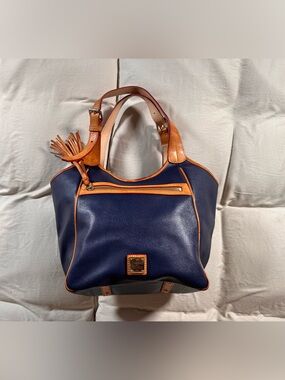 Dooney and Bourke Saffiano Leather Marine Blue Maddy Tote Tan Ritzy Equestrian